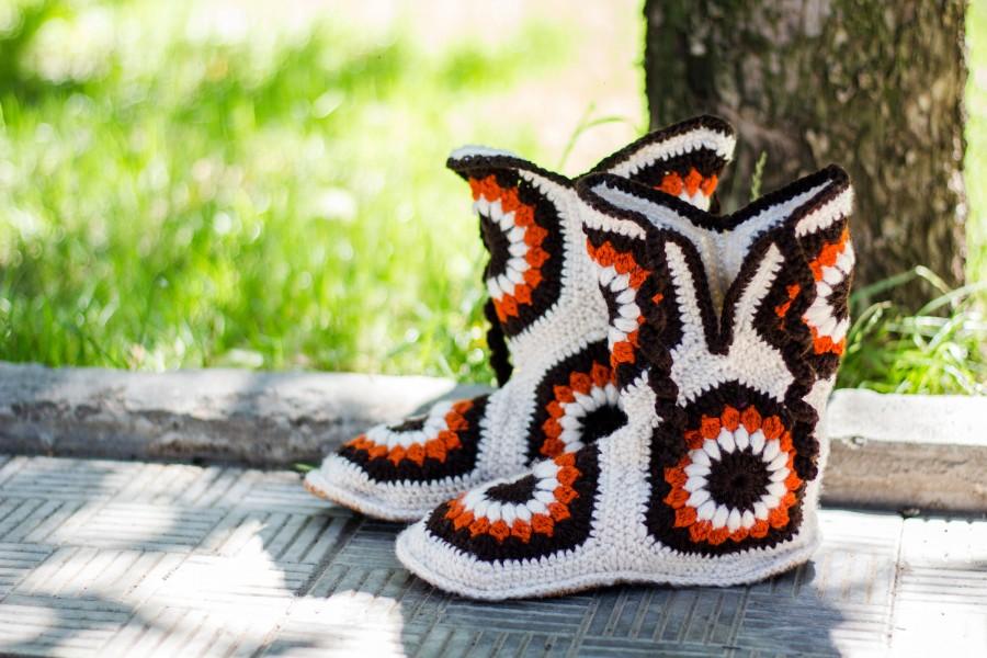 Свадьба - Crochet Wool Slippers, Crochet Slipper Boots, Indoor Crochet slippers, House Shoes, Handmade Shoes, Custom Size.