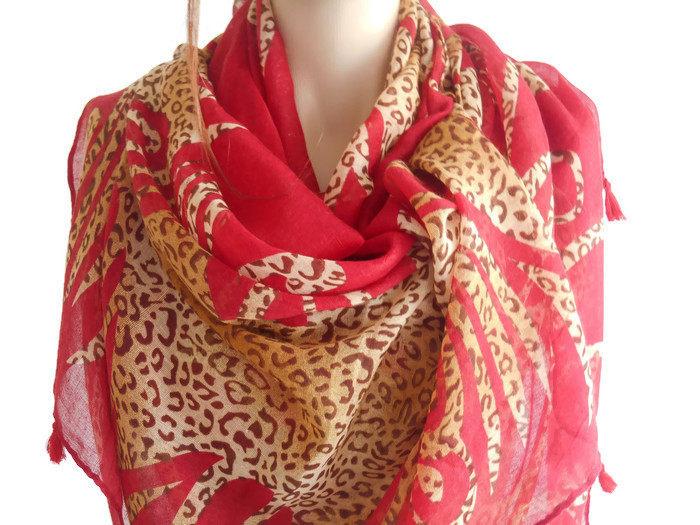 زفاف - Red cotton scarf, Red Woman scarf, Red wide scarf, Leopard scarf, Women Accessories, Cotton shawls, Handmade scarf, Big scarf, Pareo Scarf