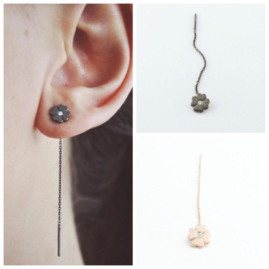 Hochzeit - Shamrock Earring- Lucky Earring- Diamond Earring- Rose Gold Earring- Fashion Earring- Silver Earring- Minimalist Earring- Threader Earring