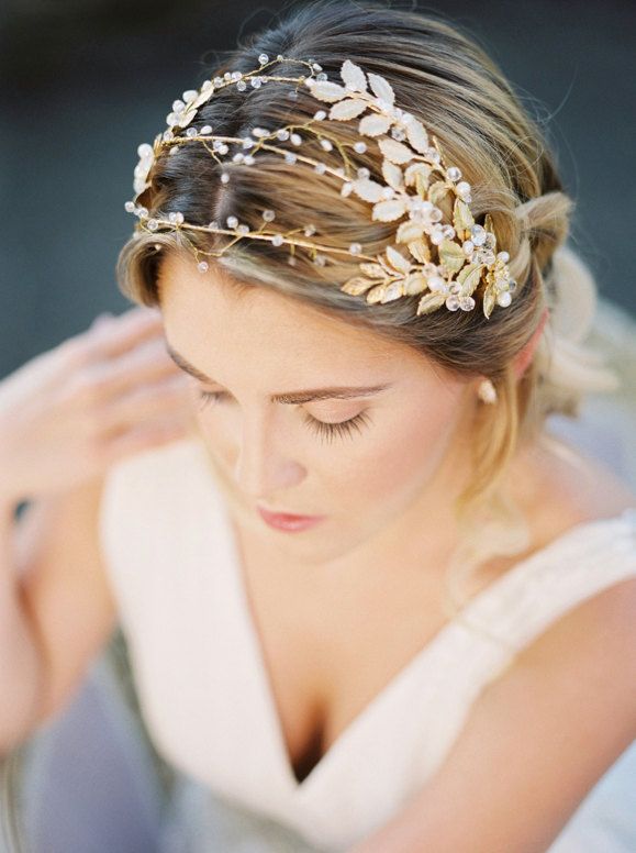 Mariage - Gilded Gold Leaves Triple Headband, Gold Metal Hair Vine, Silver Headpiece, Garden Bridal Tiara, Bridal Headpiece, Grecian Beaded Crown