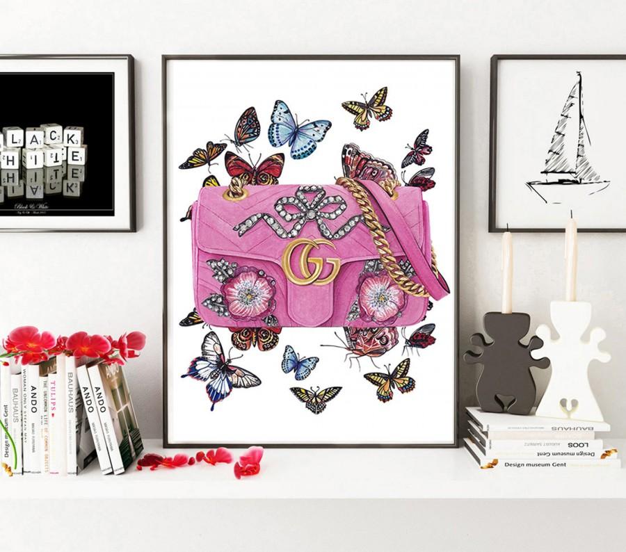 Wedding - Gucci, Gucci print, Gucci art, Fashion illustration, Fashion art print, Fashion poster, Pink bag, butterflies art, butterfly poster