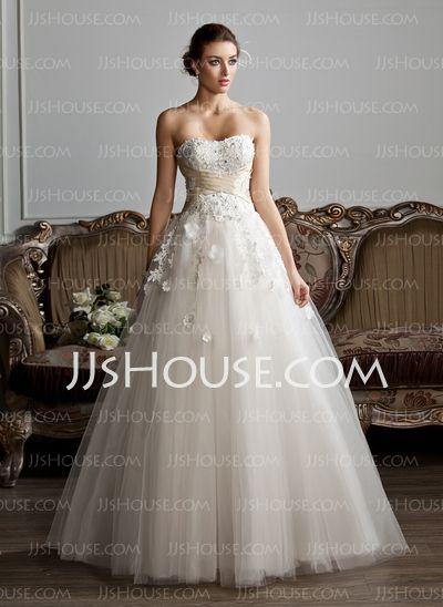 Hochzeit - Ball-Gown Sweetheart Floor-Length Tulle Wedding Dress With Ruffle Sash Beading Appliques Lace Flower(s) (002013803)