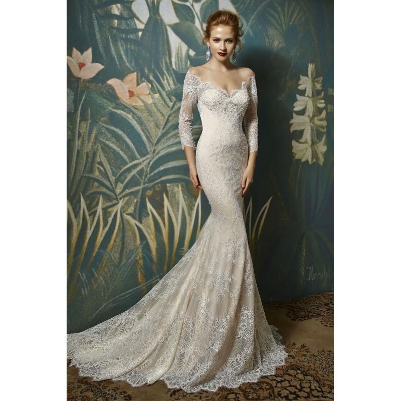 Hochzeit - Enzoani Jadorie by Blue by Enzoani - Ivory  Champagne Lace  Tulle Low Back Floor Off-Shoulder  Illusion Wedding Dresses - Bridesmaid Dress Online Shop