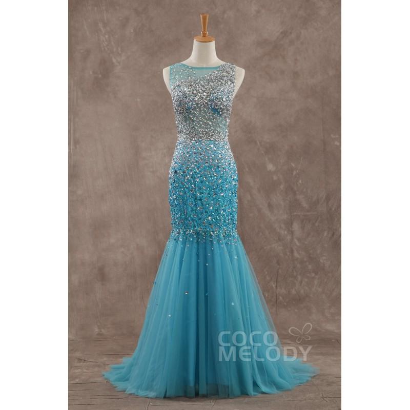 Wedding - Charming Bateau Train Tulle Blue Glow Sleeveless Evening Dress with Beading - Top Designer Wedding Online-Shop