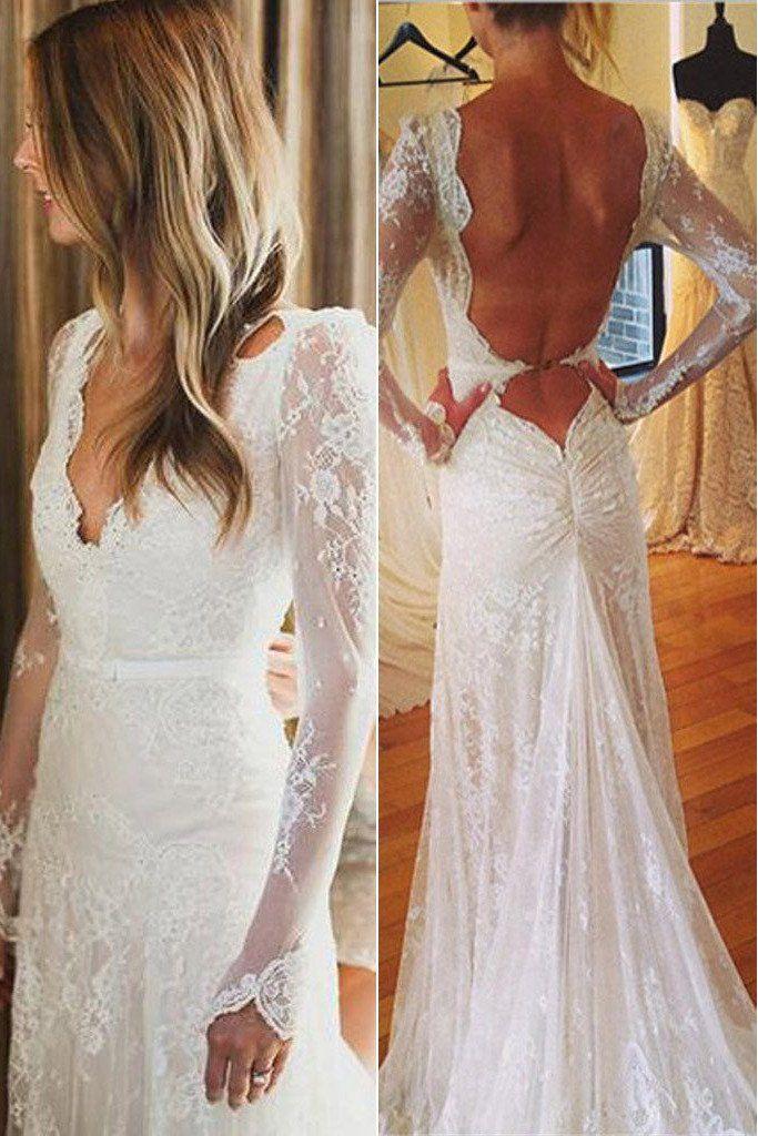 زفاف - Lace White Tulle Wedding Party Gowns,Sexy Open Back V-neck Mermaid Long Sleeve Wedding Dress,SVD550