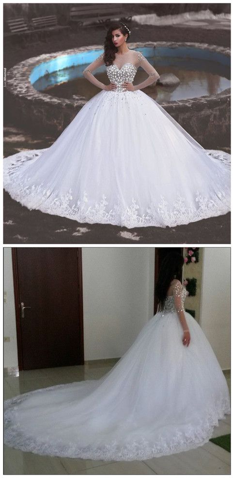 Wedding - Newest Crystals Tulle Lace Illusion Wedding Dress Long Sleeve Ball Gown Bridal Dresses