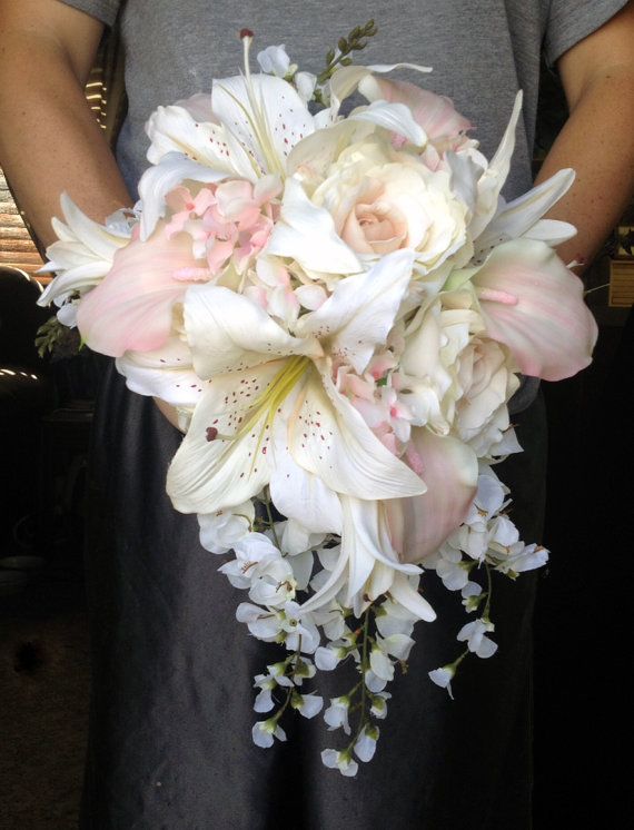 Свадьба - Cascading Bride's Bouquet With Blush Pink Calla Lilies And Hydrangeas, Creamy Roses, Wisteria And Tiger Lilies