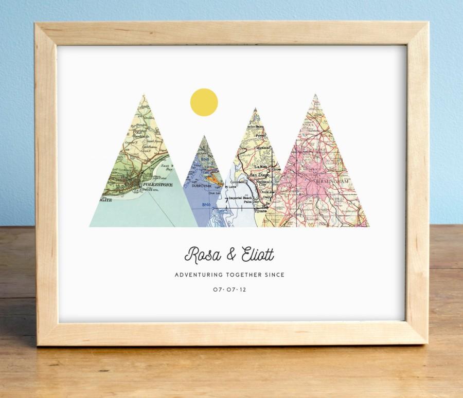 زفاف - Adventure Together Print, 4 Map Mountain Print, Personalized Map Art, Wedding Gift Art, Custom Anniversary Print, Gift for Couple