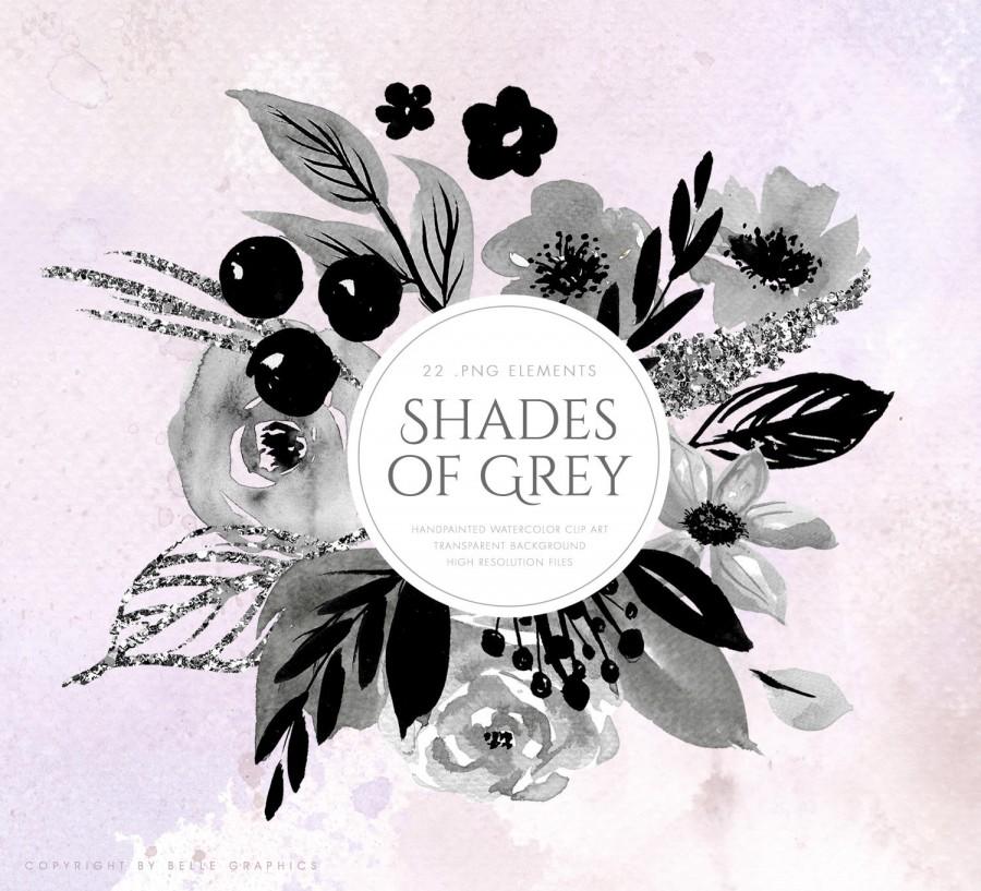زفاف - Watercolor floral clip art - Shades of Grey, hand painted floral clipart, digital scrapbooking, digital clipart, instant download