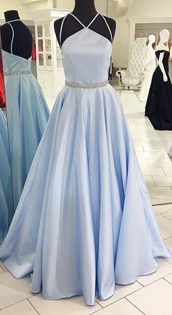 Hochzeit - A Line Sky Blue Backless Long Satin Prom Dresses,HS056 From SIMI Bridal Dresses
