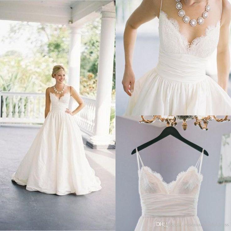 Hochzeit - Sweety Lovely Wedding Dress Spaghetti Strap Lace Appliques Ruffles V-Neck Floor Length Zipper Back Bridal Wedding Gowns Z956