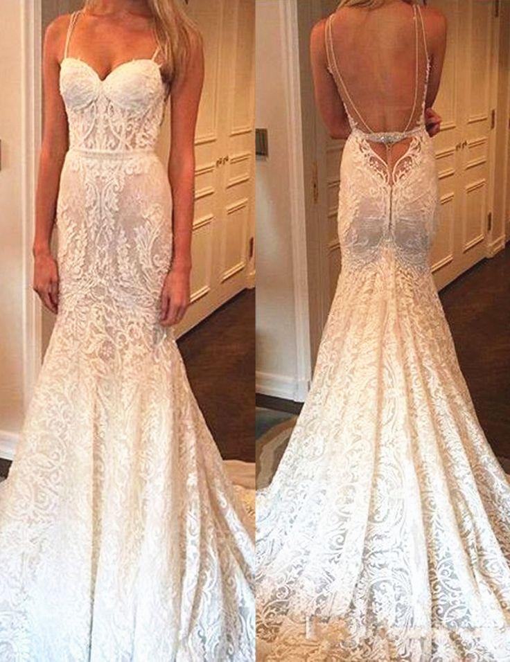 Hochzeit - Mermaid Backless Spaghetti Straps Long Lace Wedding Dress With Beading