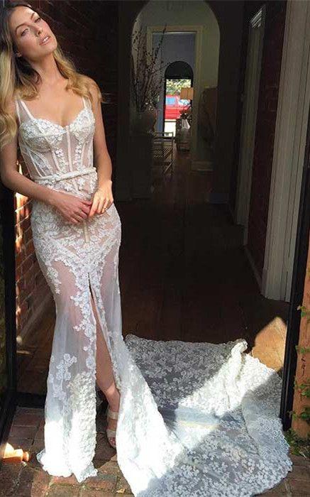Hochzeit - Sexy Scoop Sleeveless Mermaid Court Train Lace Wedding Dress With Sash Legslit
