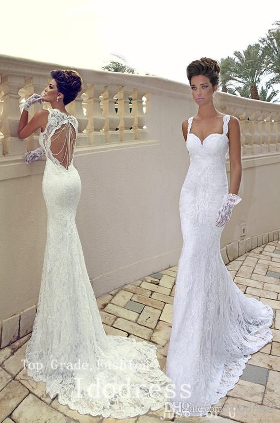 زفاف - Best Selling Lace Wedding Dresses Mermaid Trumpet Spaghetti Straps Lace Open Back Beads Bridal Gown Yk8R839