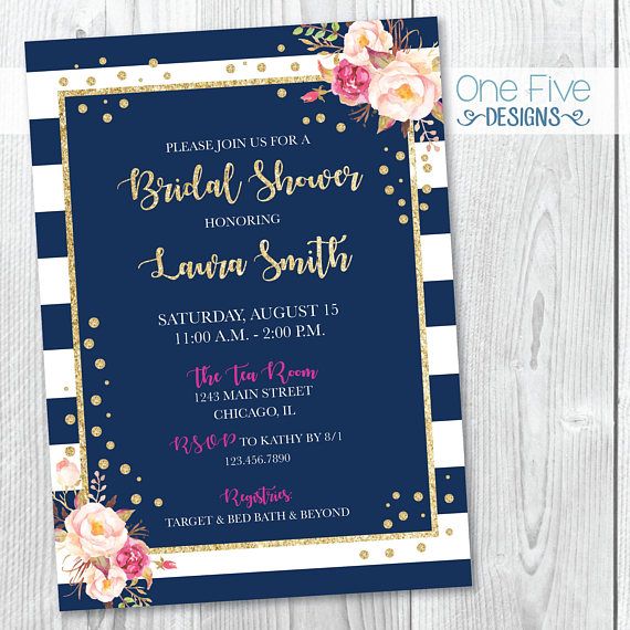 Свадьба - Navy Gold Glitter Pink Blush Fuchsia Stripes Bridal Shower Invitation With Flowers - Printable (5x7)