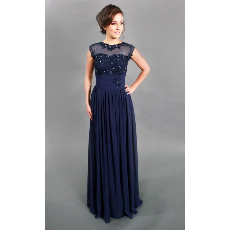 Wedding - High Quality Beaded illusion Lace Cap Formal Navy Evening Dress, Prom Dress - Hand-made Beautiful Dresses