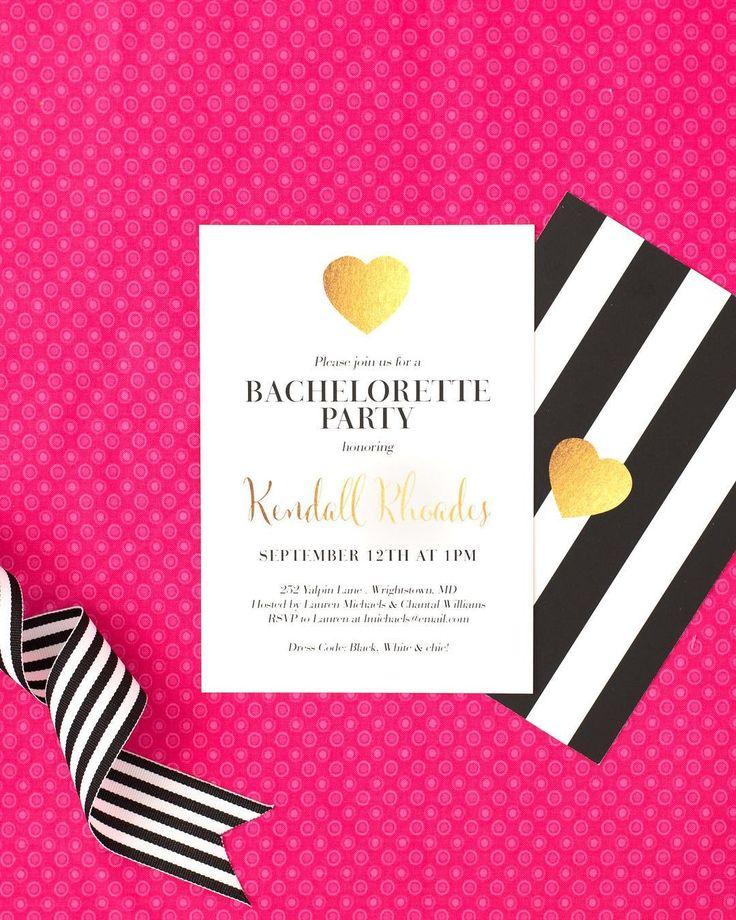 Mariage - Black & White Bachelorette Party Invitation Gold Heart Mod Stripe Faux Foil Wedding Invite FREE PRIORITY SHIPPING Or DiY Printable- Kendall