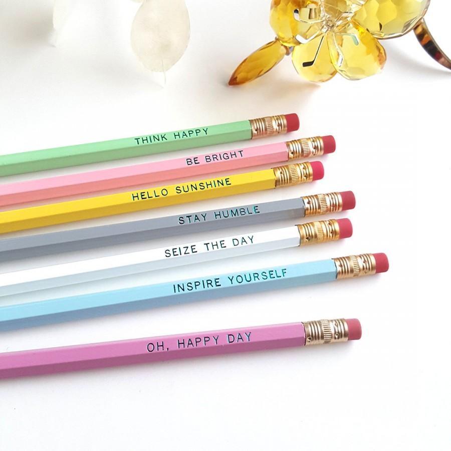 Hochzeit - Sweet Sentiments Pencils — Set of 7 Pencils — Hello Sunshine, Be Bright, Seize the Day, Inspirational Gift, Stationery Gift, Gifts Under 15