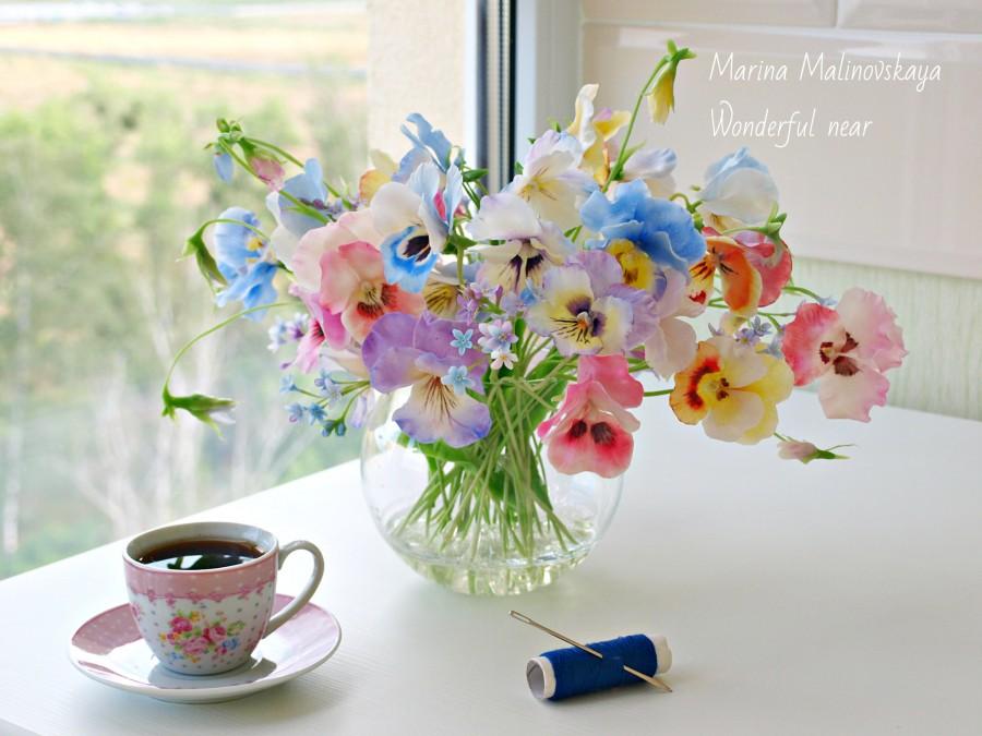 Wedding - Pansy bouquet,flower arrangements, Mother's Day gift,pansy, , bedroom decor, flowers, clay flowers, spring flowers, spring gift, in stock