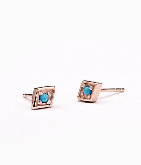 زفاف - Boho Diamond And Turquoise Stud Earrings, Gold Plated, Sterling Silver, Geometric Minimal Earrings, Lunaijewelry, Girlfriend Gift STD074TRQ