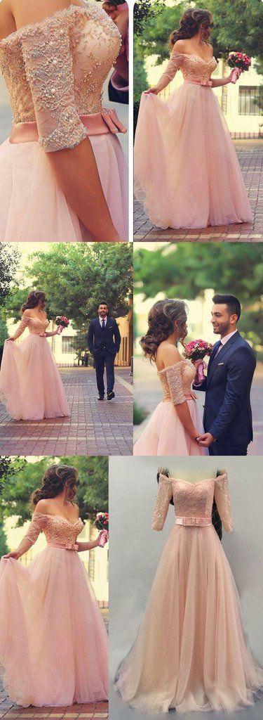 Hochzeit - Off Shoulder Half Sleeves Pink Long Party Prom Dresses Sweetheart Sash Bow Beads Pearls Long Evening Dresses