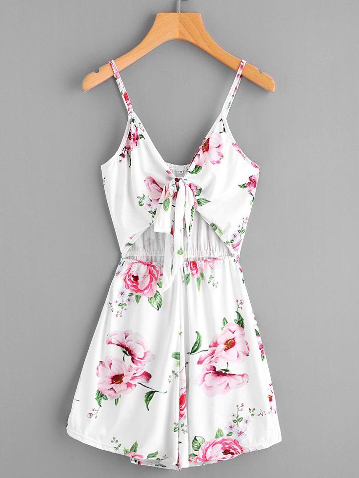 Mariage - Floral Print Random Cut Out Knot Front Romper