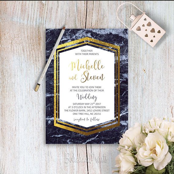 Mariage - Navy And Gold Wedding Invitation Blue Marble Wedding Invitation Suite Printable Geode Wedding Invitation Modern Calligraphy Wedding Invite