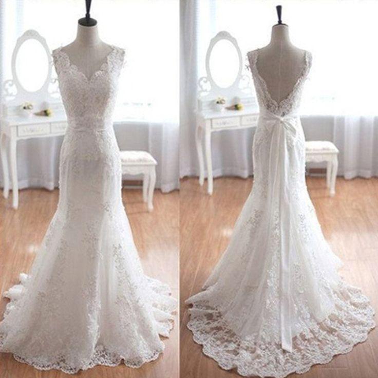 Mariage - Popular Elegant V-Neck Long Mermaid White Lace Bridal Gown, Wedding Party Dresses , WD0045