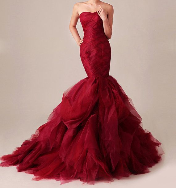 زفاف - Custom Made Lace Organza Mermaid Wedding Dress Gossip Girl Inspired Dramatic Red Gown Vera Wang