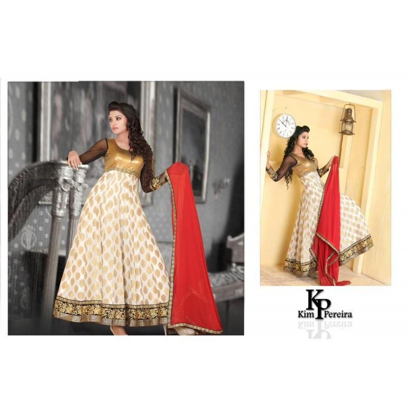 Wedding - Gold Sequence Yoke with Off White Printed Georgette Brocade Anarkali Fusion Dress - Hand-made Beautiful Dresses