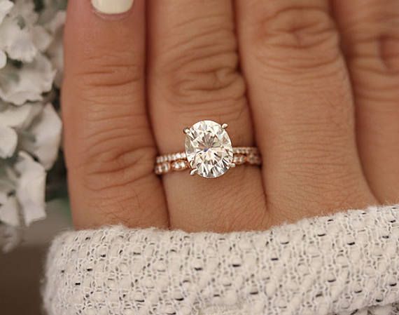 Свадьба - Rose Gold Engagement Ring, Moissanite Oval 10x8mm And Diamond Bridal Ring Set, Forever Classic 3.00cts Moissanite Engagement Ring