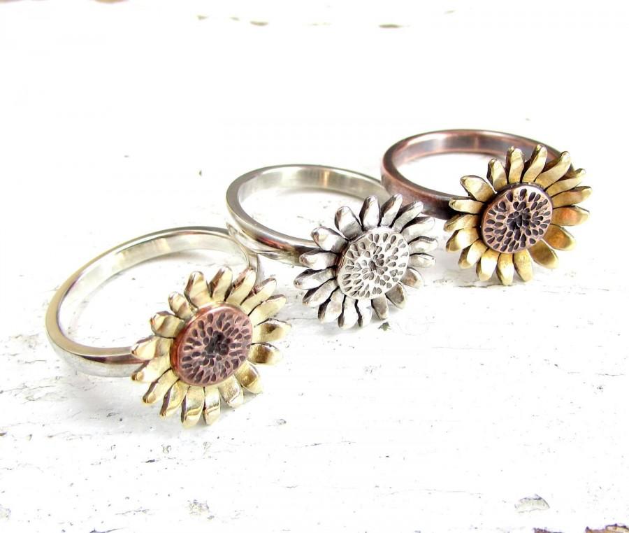 Wedding - Sunflower Ring, Flower Ring, Mixed Metal, Boho Ring, Sterling Silver, Copper Ring with Brass