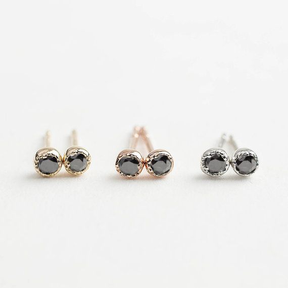 Свадьба - 14k Gold Black Diamond Stud Earrings, Natural Black Diamond Earrings, 1.5mm, 2mm, 3mm Option,rose Gold, White Gold, Dal-e101