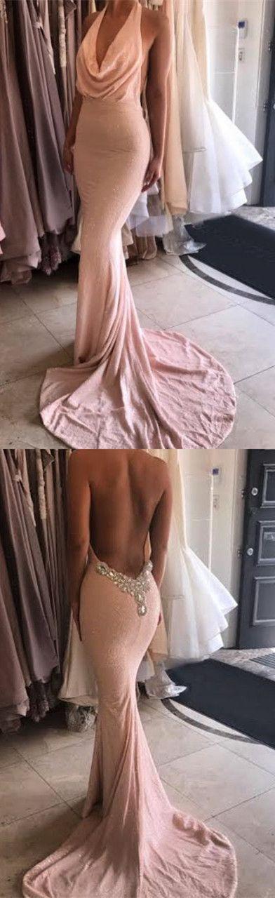 Hochzeit - Glamorous Halter Sweep Train Pink Mermaid Backless Lace Prom Dress With Beading