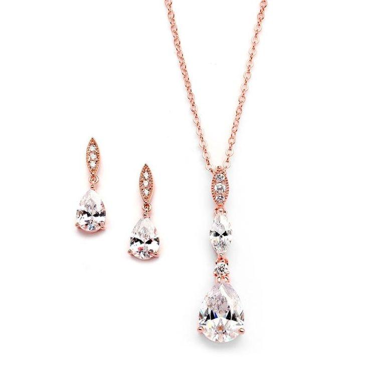 زفاف - 14K Rose Gold French Pave Pear Cut AAAA Cubic Zirconia Necklace And Earring Set