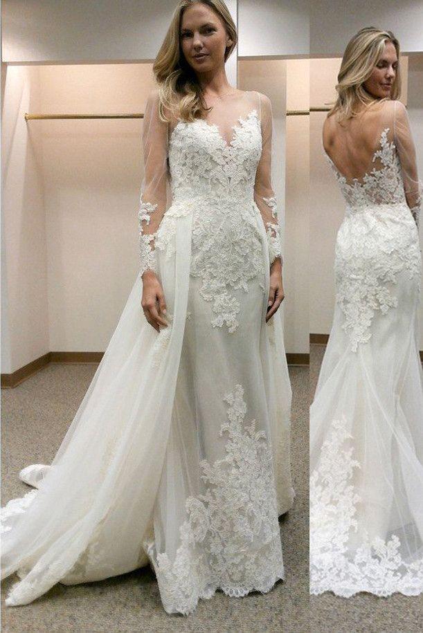 Mariage - Lace Long Sleeves Sheath Wedding Dresses With Detachable Train,Wedding Gown,SW11