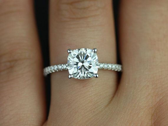 Mariage - Rosados Box Blanche 7.5mm 14kt White Gold F1- Moissanite Cushion And Diamond FULL Eternity Engagement Ring