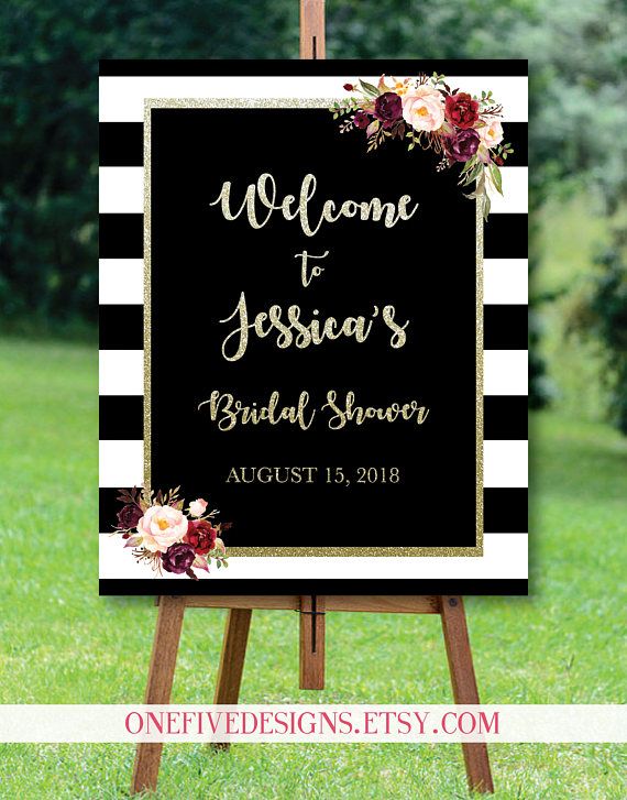 Wedding - Bridal Shower Welcome Sign (Black White Burgundy Marsala Gold Glitter Stripes Flowers) - Printable (16x20)