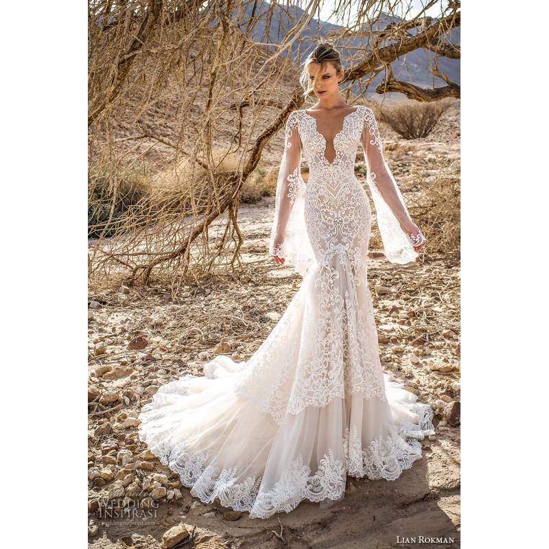 زفاف - Lian Rokman 2017 Moonlight Mermaid V-Neck Chapel Train Open Back Flare Sleeves Ivory Embroidery Lace Bridal Gown - Charming Wedding Party Dresses