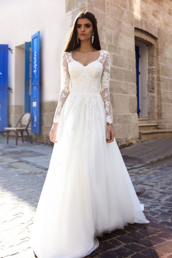 Hochzeit - Floral Applique Sheer Long-Sleeve Wedding Dress