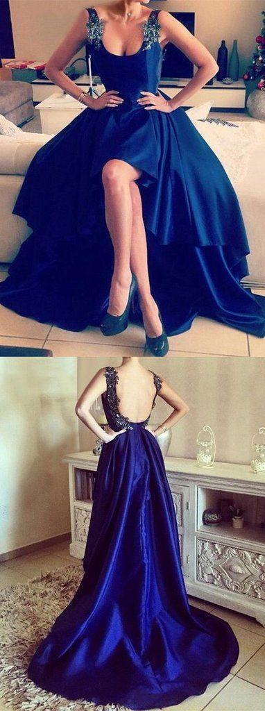 Mariage - Asymmetrical Appliques Lace High Low Backless Prom Dresses, Royal Blue Prom Dress, High Low Prom Dress, Backless Prom Dress, Sexy Prom Dress