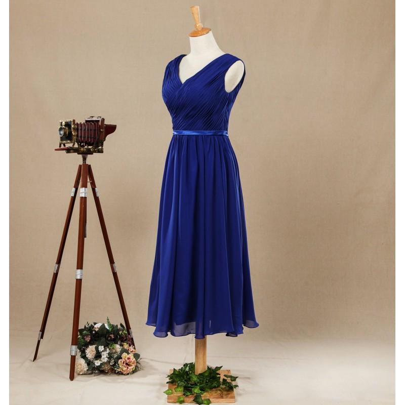 زفاف - Real Blue Tea-length V-neck V-back Bridesmaid Dresses,Chiffon Straps Formal Dressed,Prom Dress,Party Dresses - Hand-made Beautiful Dresses