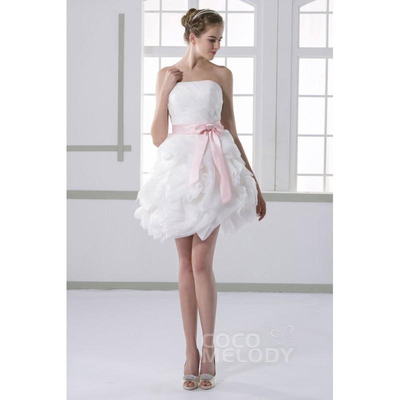 Wedding - Sweet A-Line Strapless Natural Short-Mini Organza Ivory Sleeveless Lace Up-Corset Wedding Dress with Sashes and Pleating - Top Designer Wedding Online-Shop