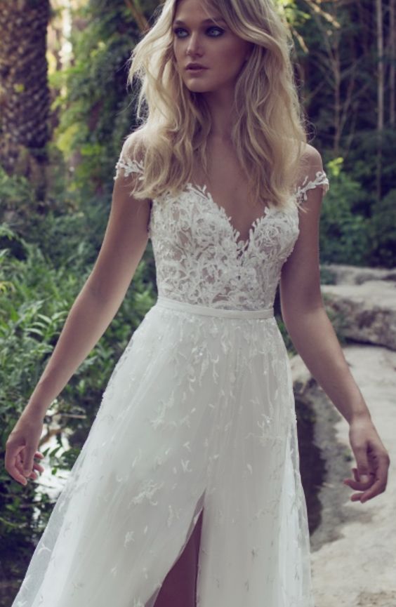 Wedding - Embellished Off-the-Shoulder Slit Tulle Skirt Wedding Dress