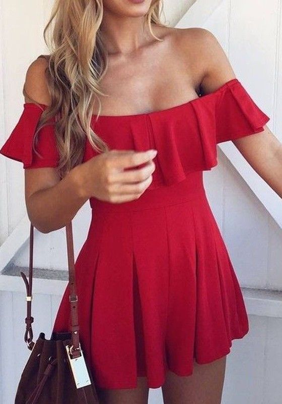 Wedding - Red Plain Draped Boat Neck Sweet Polyester Mini Dress