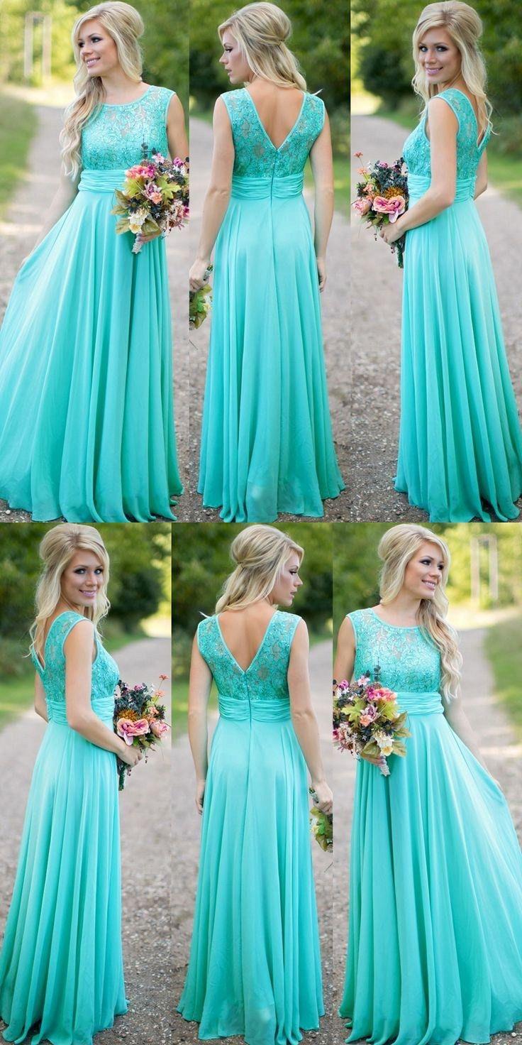 زفاف - Modest Scoop A-line Long Blue Bridesmaid Dress