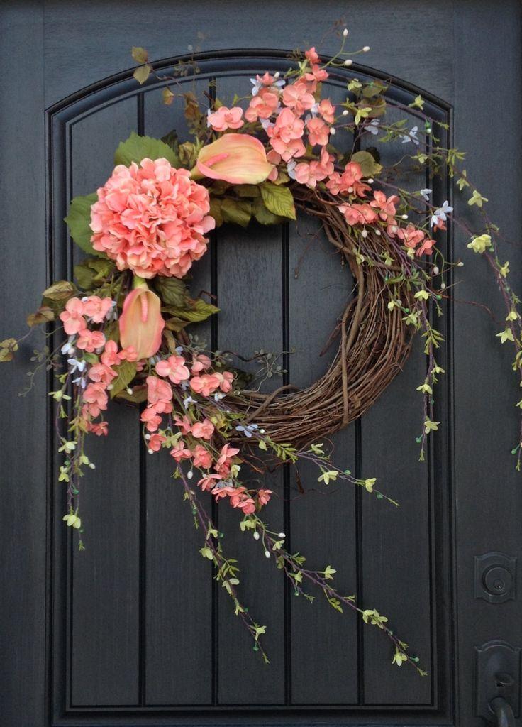 Wedding - Spring Wreath Summer Wreath Floral White Green Branches Door Wreath Grapevine Wreath Decor-Coral Peach Lilies Wispy Easter-Mothers Day