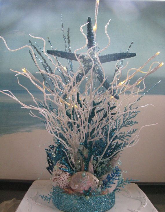 Свадьба - White And Blue Coral Beach Wedding Centerpiece ~Seashell Beach Centerpiece~Lights Up~Starfish~Bubbles~Driftwood Wedding Decor