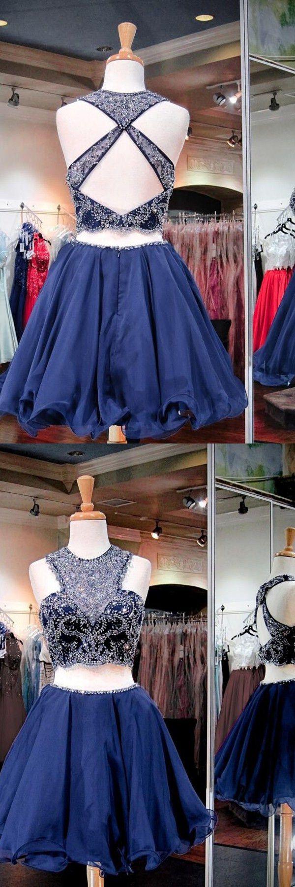 زفاف - Two Piece Jewel Open Back Short Navy Blue Tulle Homecoming Dress With Beading