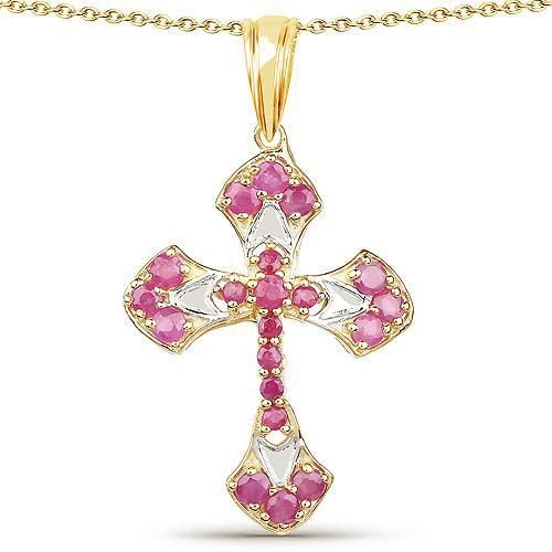 Wedding - 14K Yellow Gold 1.33CT Genuine Red Ruby Cross Pendant Necklace